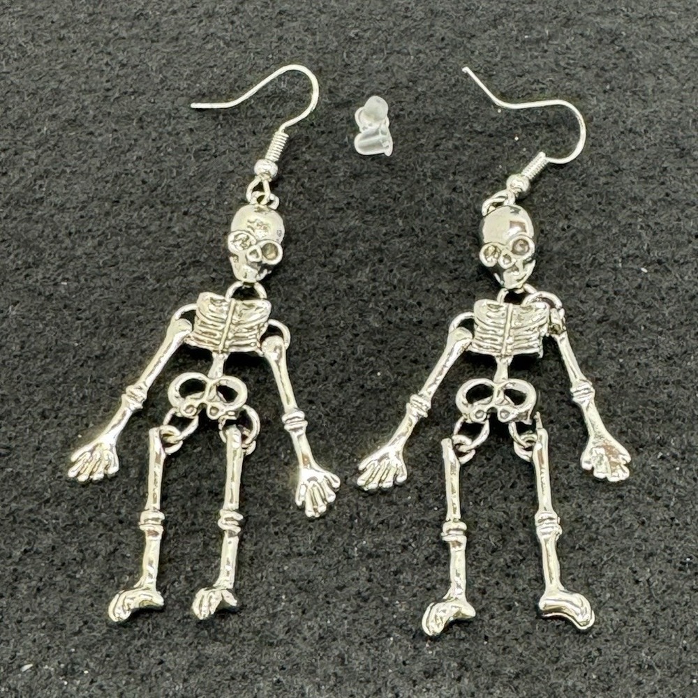 Silver Tone Skeleton Dangle Drop Hook Earrings Halloween Skeletons & Skulls